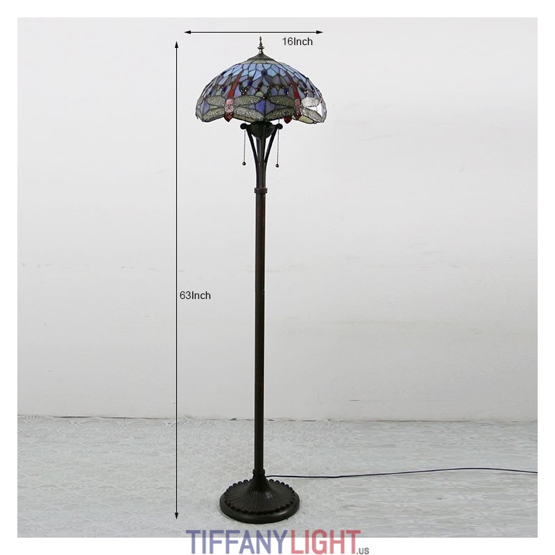 Tiffany Style Floor Standing Lamp W16H63 Inch Tall Stained Glass Red Dragonfly Shade Antique Read Lighting Tiffany Light